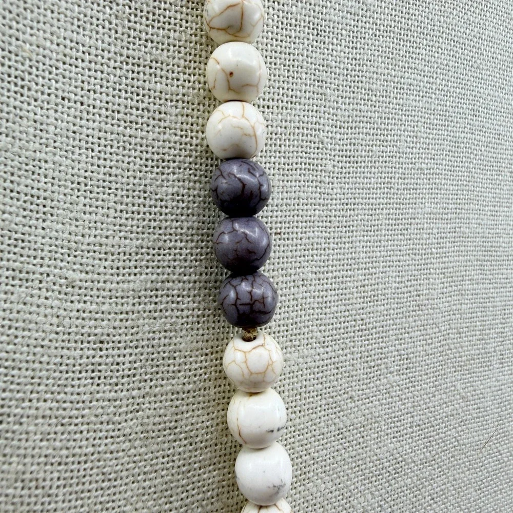 Boho White Howlite Bead Long Necklace Pink Faux Leather Tassel Statement